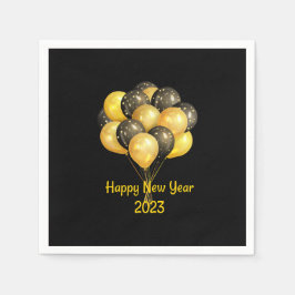 Happy New Year 2023 Black and Gold Balloons (Schwa Serviette