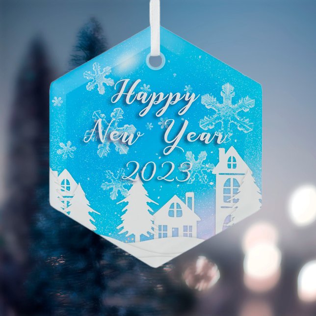 Happy New Year 2023 Blue White House Snow Ornament Aus Glas (Von Creator hochgeladen)