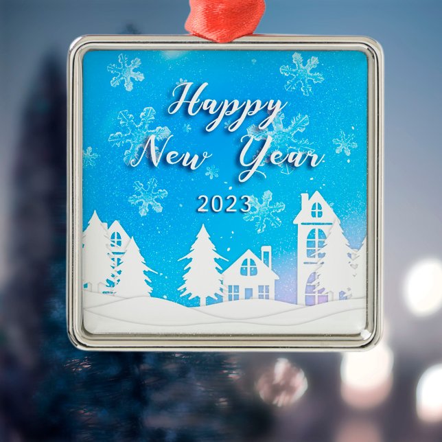 Happy New Year 2023 Blue White House Snow Ornament Aus Metall (Von Creator hochgeladen)
