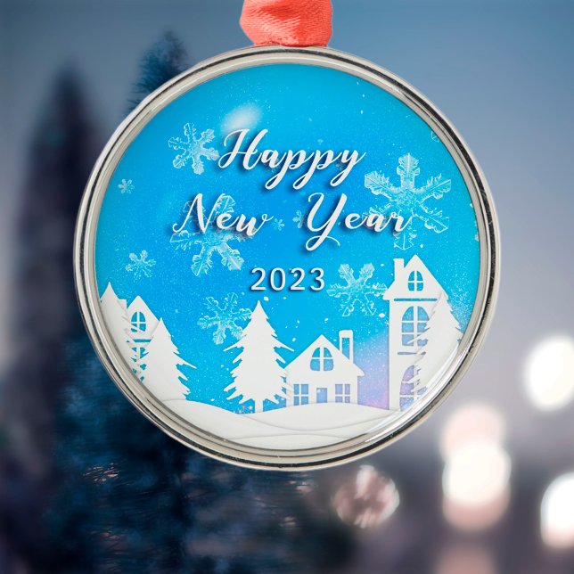 Happy New Year 2023 Blue White House Snow Ornament Aus Metall (Von Creator hochgeladen)
