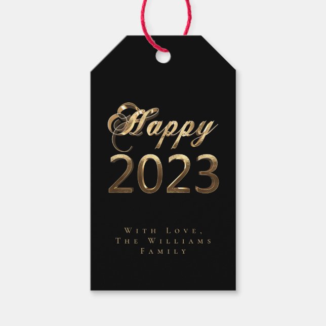 Happy New Year 2023 Chic Script Black and Gold Geschenkanhänger (Vorderseite)