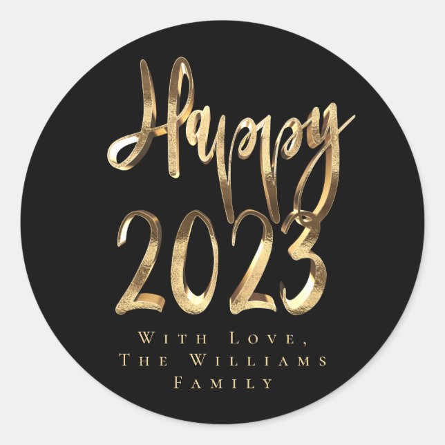 Happy New Year 2023 Elegantes Schwarz-Gold-Script Runder Aufkleber (Vorderseite)
