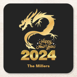 Happy New Year 2024 Golden Chinese Dragon Black Rechteckiger Pappuntersetzer