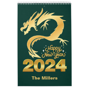 Happy New Year 2024 Golden Chinese Dragon Green Kalender