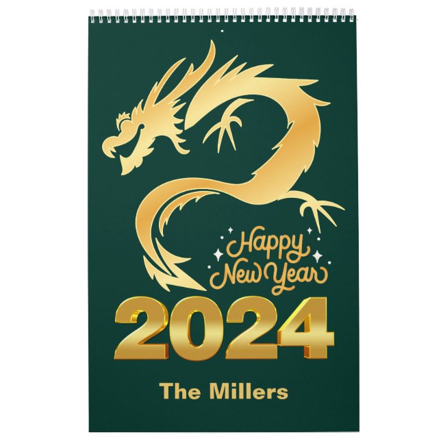 Happy New Year 2024 Golden Chinese Dragon Green Kalender (Titelbild)
