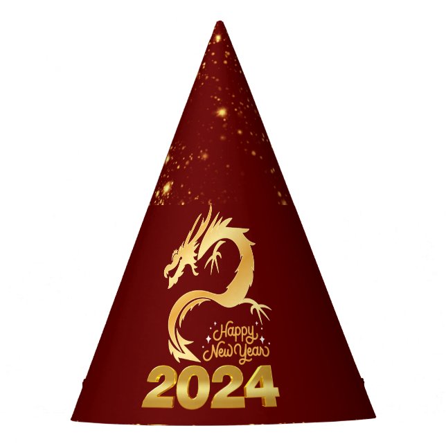 Happy New Year 2024 Golden Chinese Dragon Red Partyhütchen (Vorderseite)