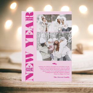 Happy New Year 2024 moderne festliche 3 Fotos rosa Feiertagskarte