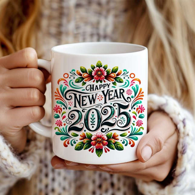 "Happy New Year 2025" farbenfrohe mexikanische Fie Kaffeetasse ("Happy New Year 2025" Colorful Mexican Fiesta Coffee Mug in hands.)