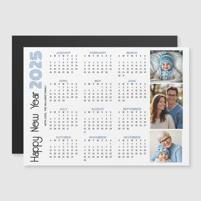 Happy New Year 2025 Kalender blauen Foto Magnetkarte (Vorne/Hinten)