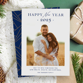 Happy New Year 2025 Navy Blue Gold Geometric Foto Feiertagskarte
