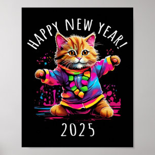 Happy New Year 2025 Party Dancing Cat Design Poster