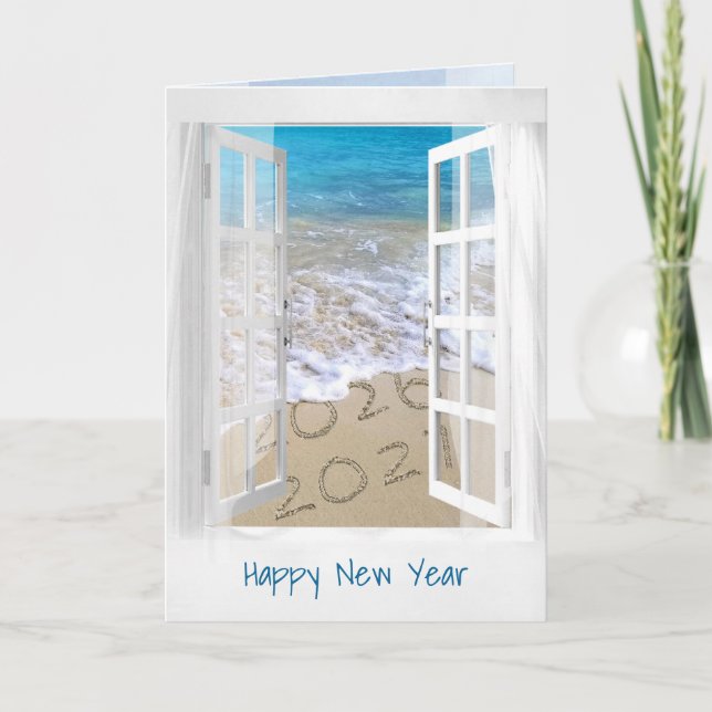 Happy New Year 2026 Beach Window Karte (Vorderseite)