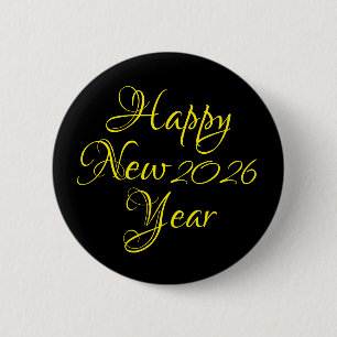 Happy New Year 2026 Black and Yellow Script Button