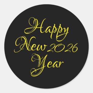 Happy New Year 2026 Black and Yellow Script Runder Aufkleber