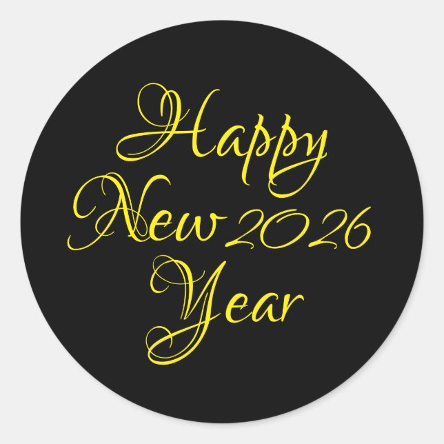 Happy New Year 2026 Black and Yellow Script Runder Aufkleber (Vorderseite)