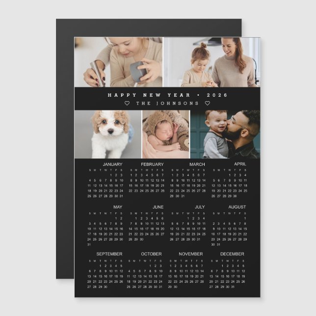 Happy New year 2026 Calendar Photo Collage black Magnetkarte (Vorne/Hinten)