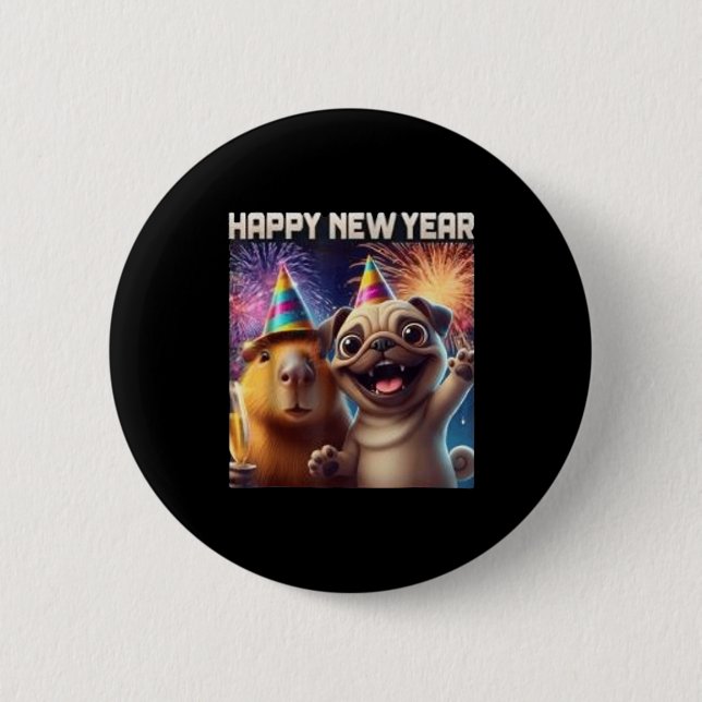 Happy New Year 2026 Capybara Pug Party Art  Button (Vorderseite)
