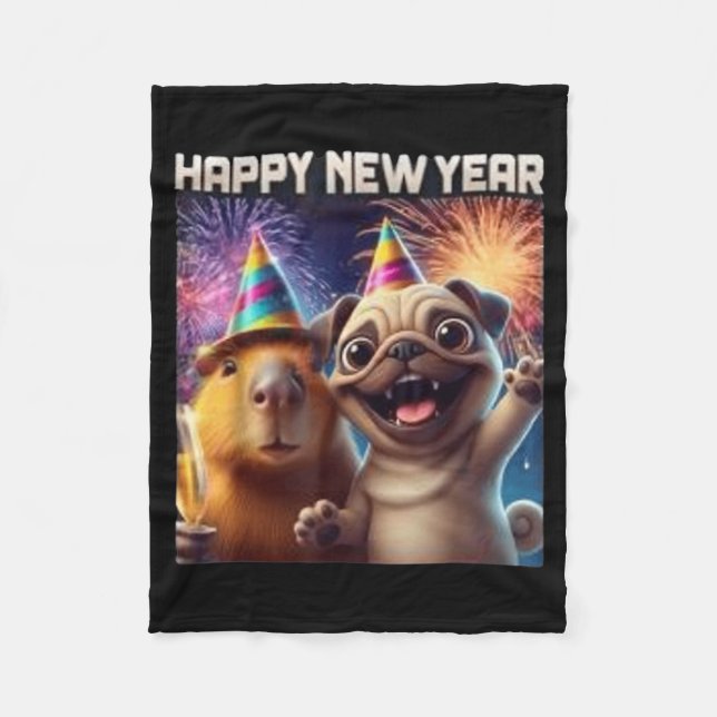 Happy New Year 2026 Capybara Pug Party Art  Fleecedecke (Vorderseite)