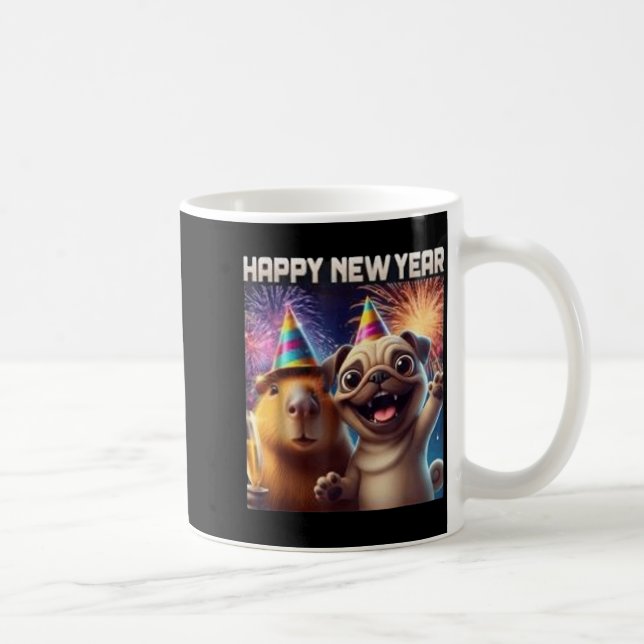 Happy New Year 2026 Capybara Pug Party Art  Kaffeetasse (Rechts)