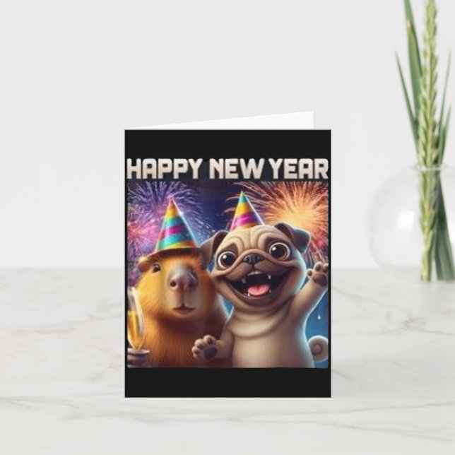Happy New Year 2026 Capybara Pug Party Art  Karte (Vorderseite)