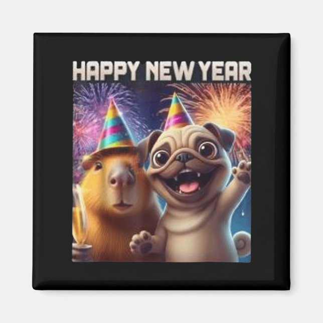 Happy New Year 2026 Capybara Pug Party Art  Magnet (Vorne)