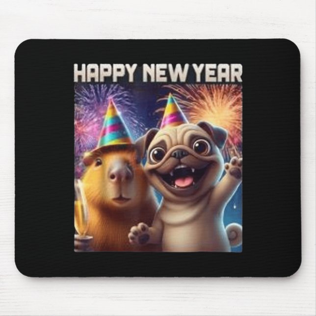 Happy New Year 2026 Capybara Pug Party Art  Mousepad (Vorne)