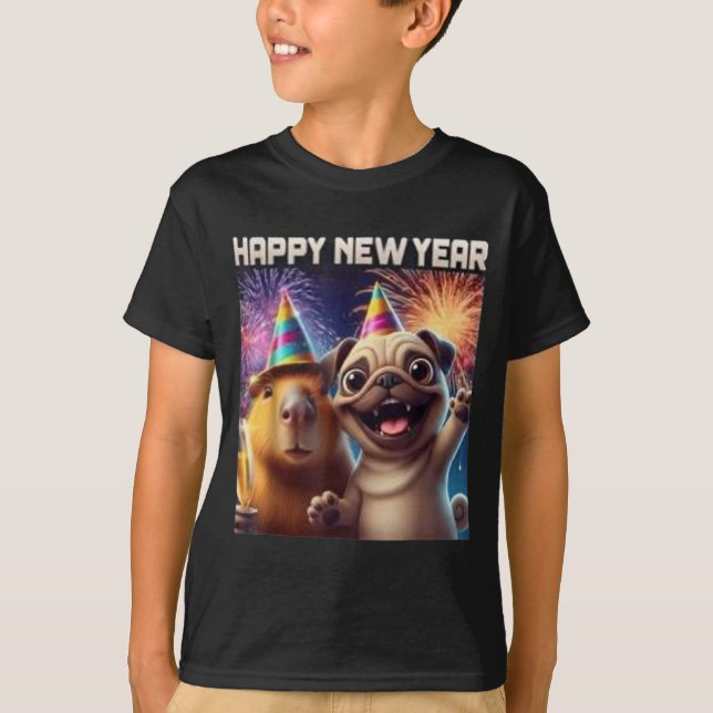 Happy New Year 2026 Capybara Pug Party Art  T-Shirt (Vorderseite)