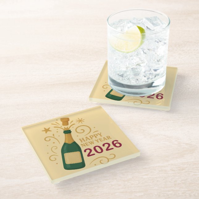 Happy New Year 2026 Champagne | Glass Coaster Glasuntersetzer (Schrägansicht)