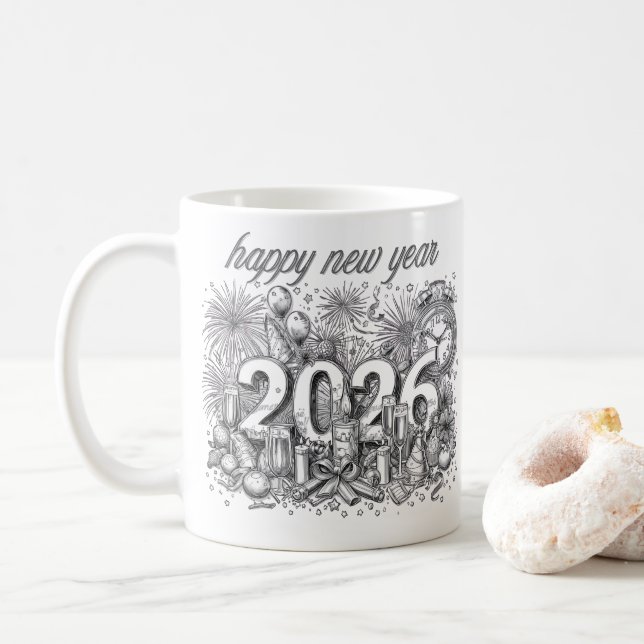 happy new year 2026 coffee mug kaffeetasse (Mit Donut)