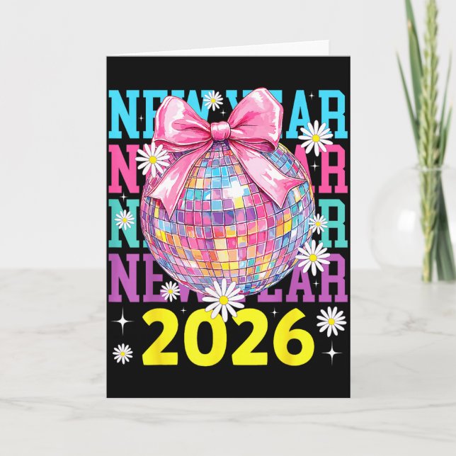 Happy New Year 2026 Coquette Bow &amp; Disco Ball  Karte (Vorderseite)