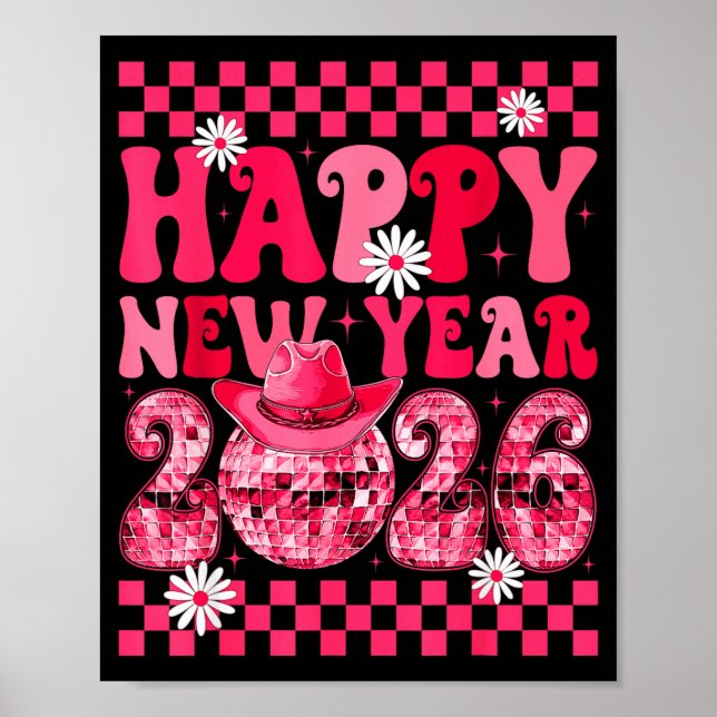 Happy New Year 2026 Cowgirl Cowboy Disco Ball Girl Poster (Vorne)