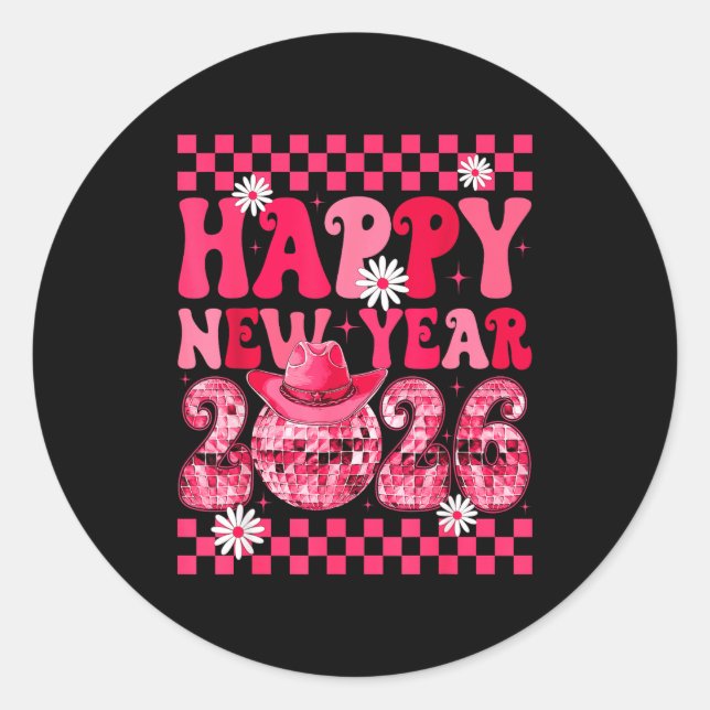 Happy New Year 2026 Cowgirl Cowboy Disco Ball Girl Runder Aufkleber (Vorderseite)