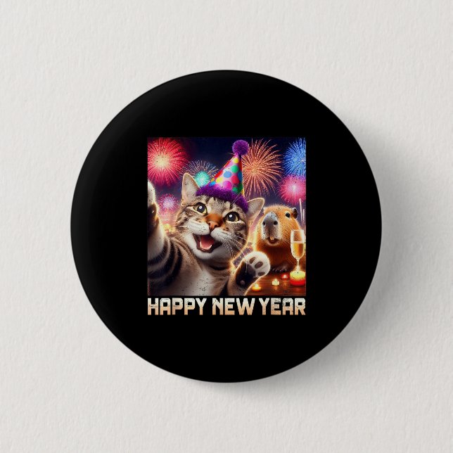 Happy New Year 2026 Cute Cat Capybara Party Art  Button (Vorderseite)
