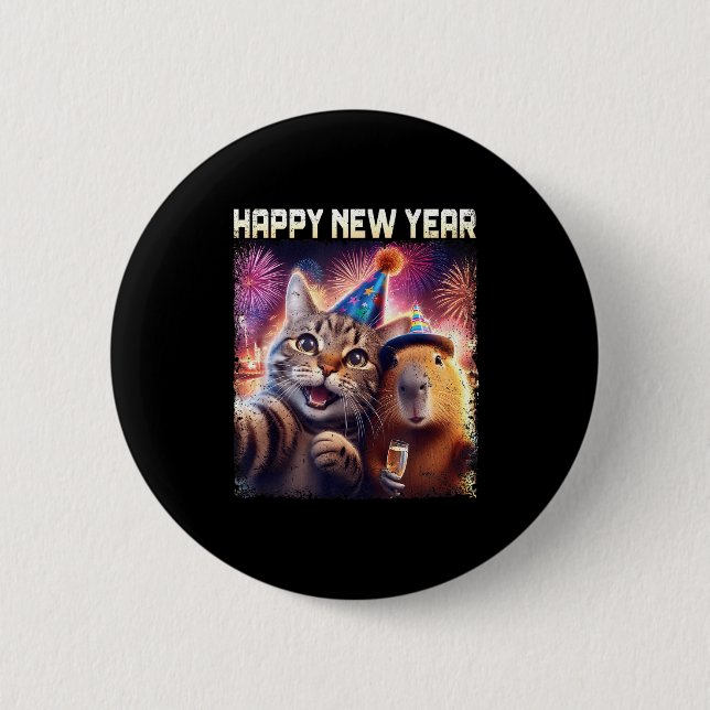 Happy New Year 2026 Cute Cat Capybara Party Art  Button (Vorderseite)