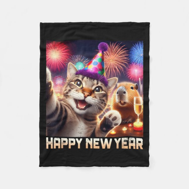 Happy New Year 2026 Cute Cat Capybara Party Art  Fleecedecke (Vorderseite)