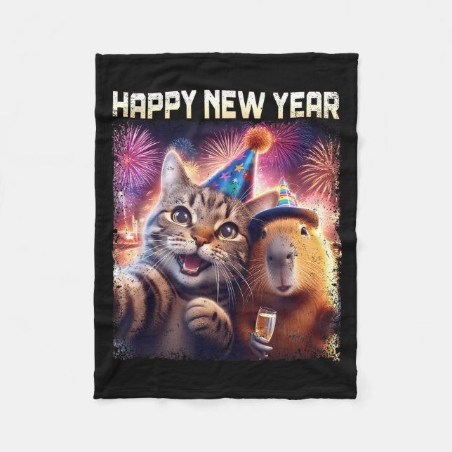 Happy New Year 2026 Cute Cat Capybara Party Art  Fleecedecke (Vorderseite)