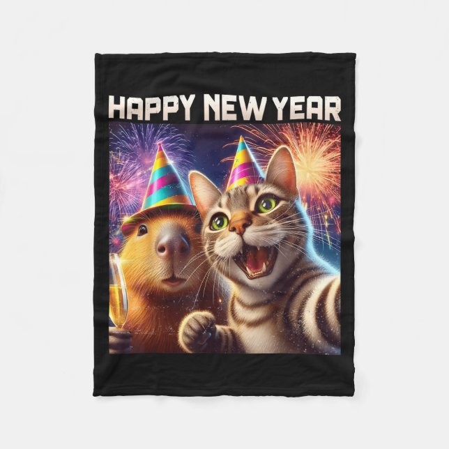 Happy New Year 2026 Cute Cat Capybara Party Art  Fleecedecke (Vorderseite)