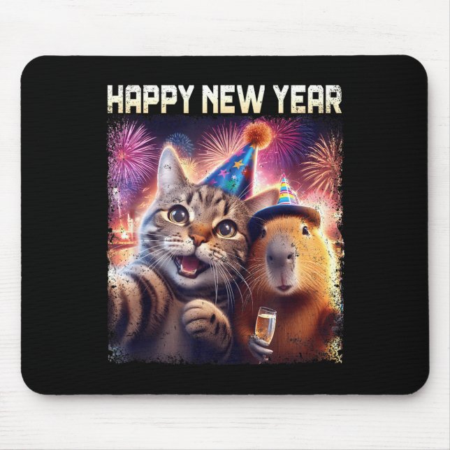 Happy New Year 2026 Cute Cat Capybara Party Art  Mousepad (Vorne)