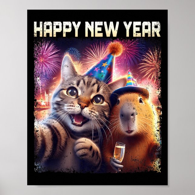 Happy New Year 2026 Cute Cat Capybara Party Art  Poster (Vorne)