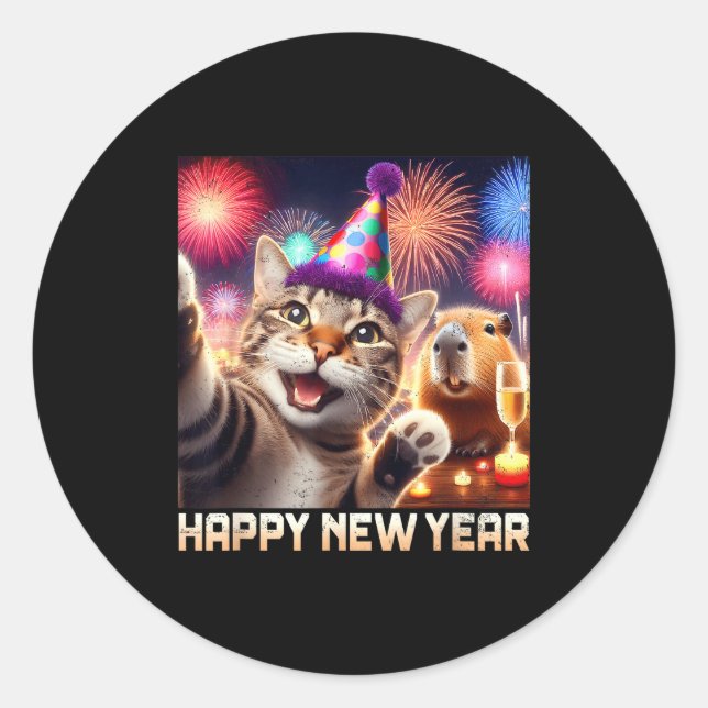 Happy New Year 2026 Cute Cat Capybara Party Art  Runder Aufkleber (Vorderseite)
