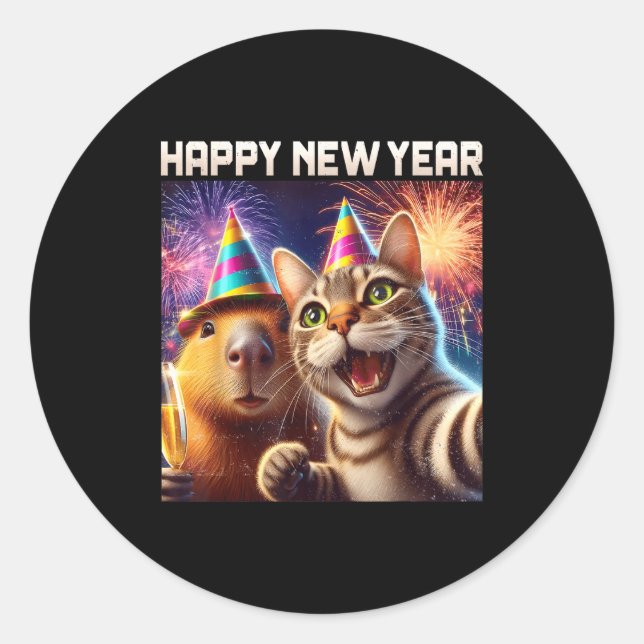 Happy New Year 2026 Cute Cat Capybara Party Art  Runder Aufkleber (Vorderseite)