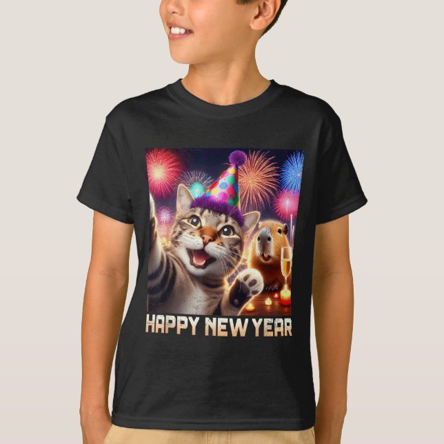 Happy New Year 2026 Cute Cat Capybara Party Art  T-Shirt (Vorderseite)