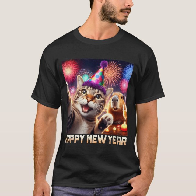 Happy New Year 2026 Cute Cat Capybara Party Art  T-Shirt (Vorderseite)