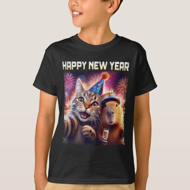 Happy New Year 2026 Cute Cat Capybara Party Art  T-Shirt (Vorderseite)