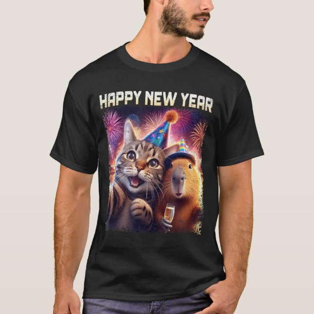 Happy New Year 2026 Cute Cat Capybara Party Art  T-Shirt (Vorderseite)