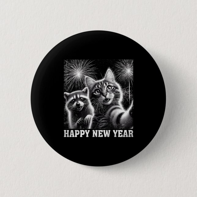 Happy New Year 2026 Cute Cat Raccoon Celebration  Button (Vorderseite)