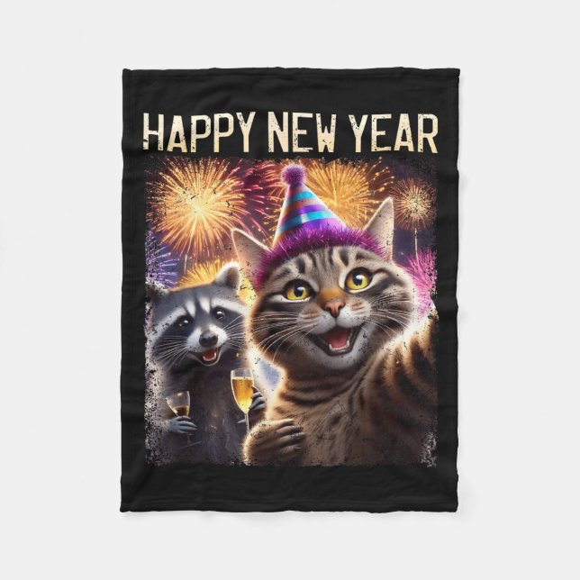 Happy New Year 2026 Cute Cat Raccoon Celebration  Fleecedecke (Vorderseite)