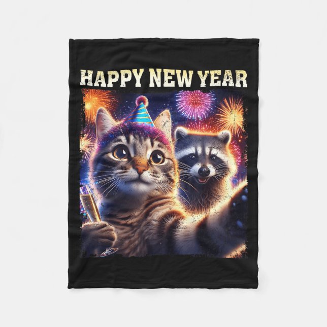 Happy New Year 2026 Cute Cat Raccoon Celebration  Fleecedecke (Vorderseite)