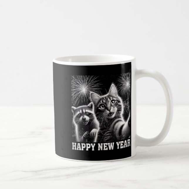 Happy New Year 2026 Cute Cat Raccoon Celebration  Kaffeetasse (Rechts)