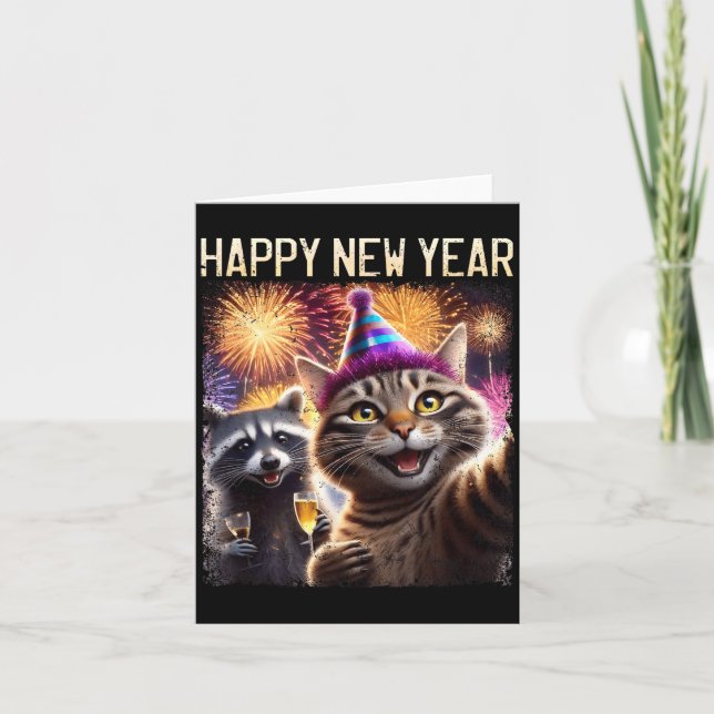Happy New Year 2026 Cute Cat Raccoon Celebration  Karte (Vorderseite)